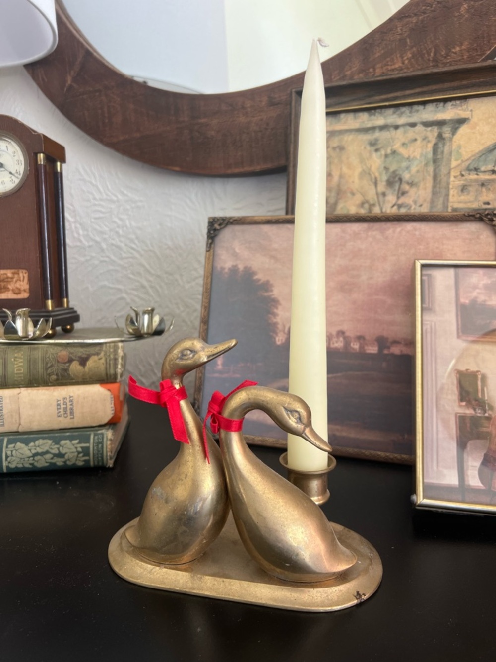 MCM Brass Goose Swan Duck Candle Holder with Red Ribbon Accents